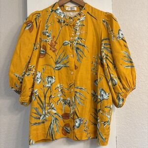 Lanhtropy 100% Linen Bubble Shirt Womens Small Marigold Green Puff Sleeve Blouse